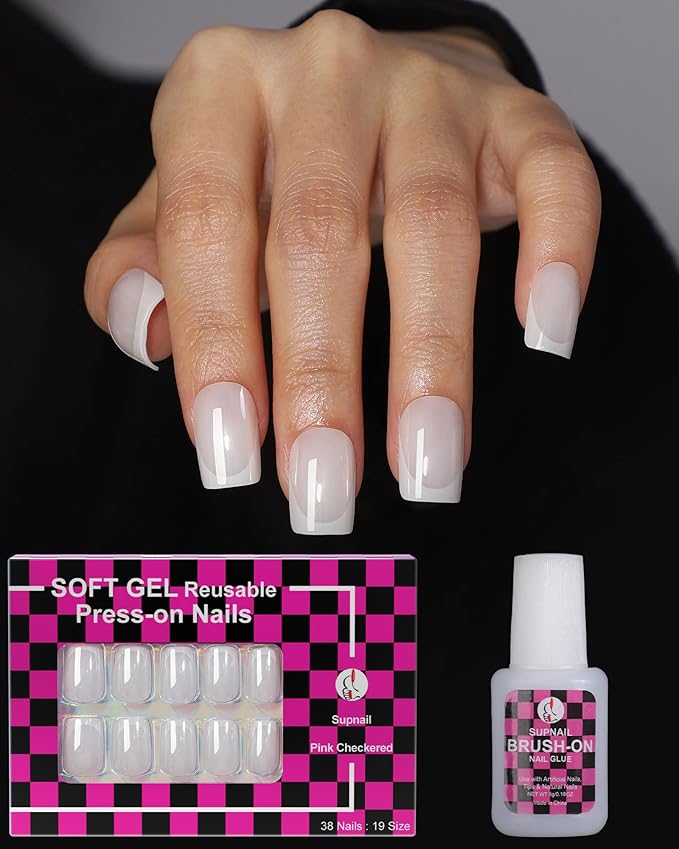 Press on Nails,Chrome French tip Short Square, 19 Sizes, 38 Pieces,Fake Nails with Brush-on Glue & Adhesive Tabs (Chrome White French Tip)