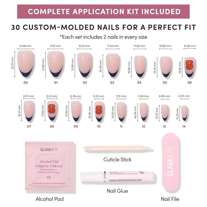 Glamnetic x Fanatics Press On Nails - Syracuse Orange | Short Almond Fake Nails, Collegiate Blue French Tips, College Nails, Salon-Quality | 15 Sizes - 30 Nail Kit with Glue