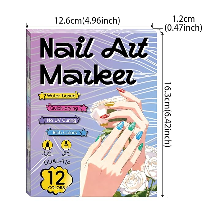 12 Colors Double-Ended Nail Art Markers Set, 3D Nail Polish Pens with Liner Brush & Drawing Tip, Professional DIY Manicure Painting Tools, Valentine's Day Gifts for Her, Nail Decoration Kit
