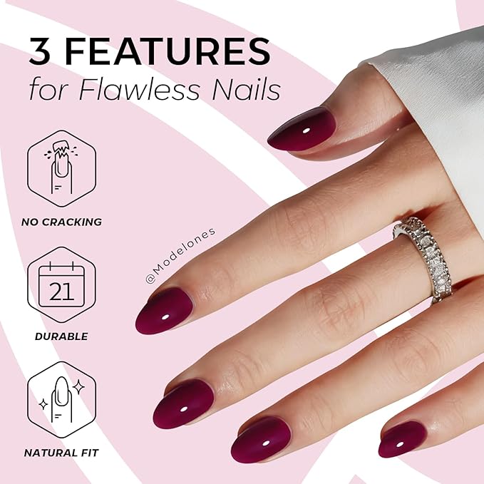 modelones Short Press on Nails, Oval Fake Nails Kit Press Ons with Nail Glue, Adhesive Tabs, Nail File, Prep Pad, Manicure Stick, 32Pcs 16 Sizes, Burgundy, Spring Women Girl Gift
