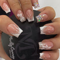 24pcs Short Square Press on Nails French Tip Fake Nails White Flower with Star Design Glitter False Nails Luxury Nail Charms Crafts White Stripes Glue on Nails for Women Manicure Tips