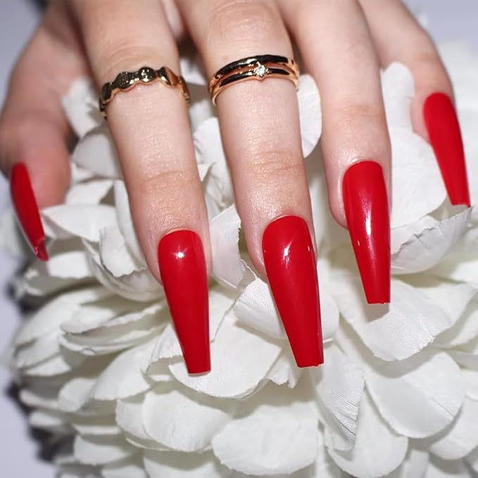 Allkem Press On Nails - Hot Red Glossy Extra Long Ballerina Multipack | 10 sizes - 100 pcs False Nails Full Cover Nail Kit with Glue