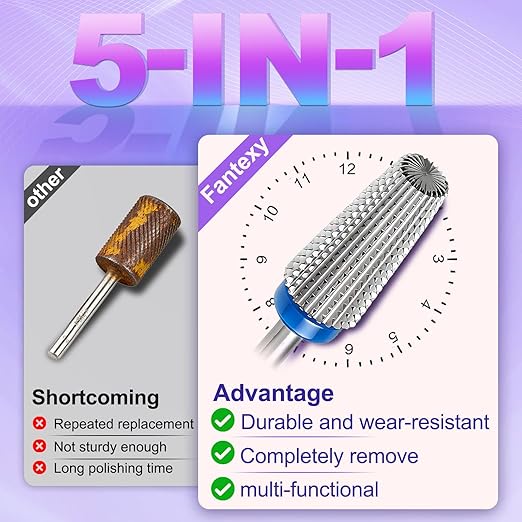 FANTEXY 3/32" Carbide Nail Drill Bits - 5 in 1 Cuticle Drill Bits for Nails, Gel Remover Drills Bit, Professional Nails File Bits for Old Skin and Nails, Manicure Pedicure Gel Polishing (Medium - M)