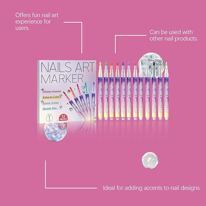 12 Colors Nail Art Pens Set, 0.7mm Sponge Tip Nail Art Markers Nail Pens for Beginners Women