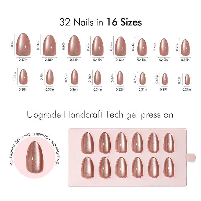 VSALON Press on Nails Short Almond - Pink Cat Eye Glitter Metallic Tip Fake Nails Kit for Woman, Reusable Opaque Gel Chrome Glue on Nails with Glue & Cuticle Oil - 32 PCS Stick on Nails in 16 Sizes