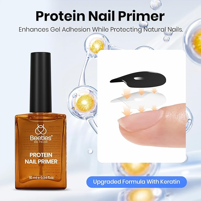 Beetles Protein Nail Prep Dehydrator & Primer with Matte and Glitter Gel Top Base Coat Set, Hema-Free Acid-Free Dehydrator Bond Primer for Acrylic, Gel Nail Polish Gifts