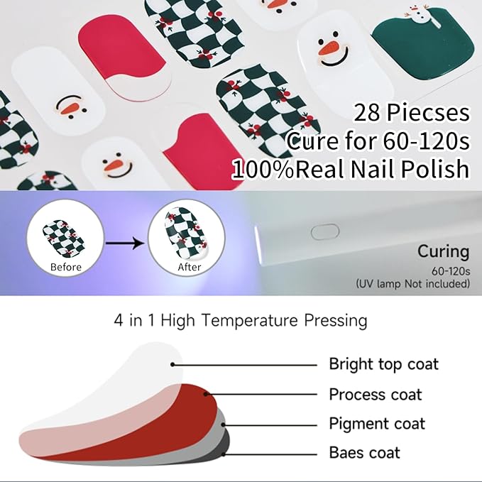 Christmas Semi Cured Gel Nail Strips, 28 pcs Gel Nail Stickers Christmas Tree Snowman Work with Any UV Lamps, Long-Lasting Nail Art Wraps Polish Elk, Salon-Quality, Easy to Apply