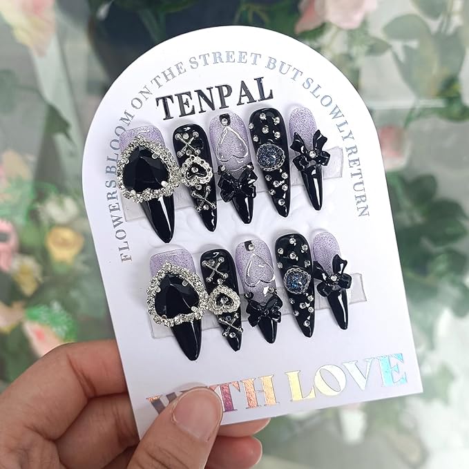 Glam Punk Press on Nails Stiletto Almond Long,3D Heart Rhinestones&Metal Chains Designs,Black Glitter Purple Chrome Nails with Full Cover Micro Gems,Y2K Edgy Girly Streetwear Nails,10pcs L