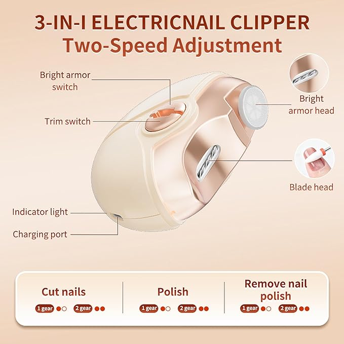 Valentines Day Gifts for Him & Her - Electric Nail Clipper for Seniors & Adults, Baby Smart Nail Clipper, Automatic Nail Clipper with Trimming, Buffing and Polish Removal in One for Fingernail(Beige)