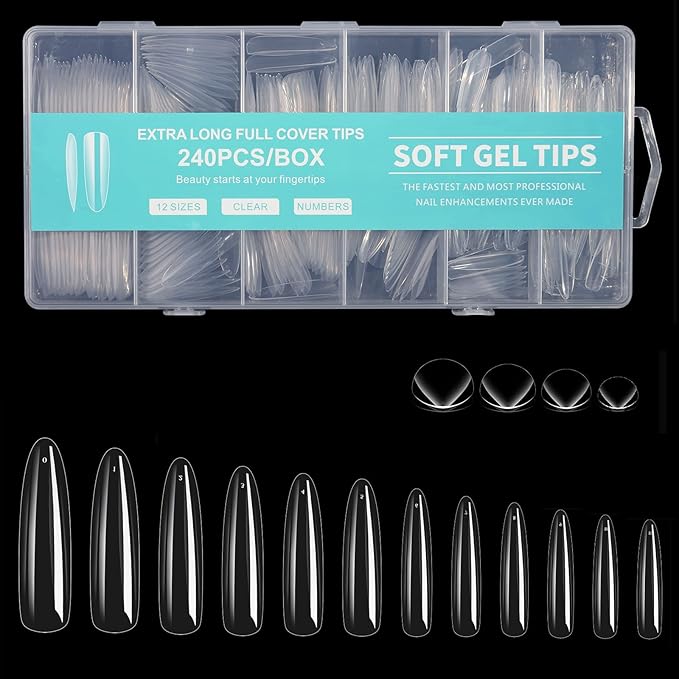 Long Round Nail Tips, 240Pcs Full Cover Soft Gel Nail Tips Pre-shaped 2XL Shape Clear Acrylic False Nail Fake Nail Extension Press On for Salon Home DIY 12 Sizes