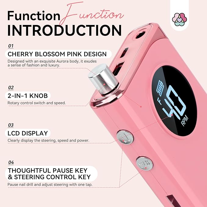 SAVILAND Electric Nail Drill Professional: 40000RPM Pink Rechargeable Electric Nail Filer with 6000mAh Battery, for Shaping, Removing & Polishing Acrylic Nails Home Salon Manicure Pedicure Ideal Gift