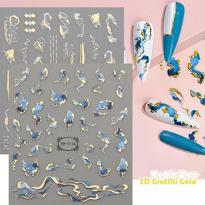 12 Sheets Graffiti Nail Art Stickers 3D White Black Gold Stripe Line Nail Decals Self-Adhesive Abstract Marble Wave Flower Leaf Stickers for Nail DIY Decoration Nail Accessories for Women French Nail