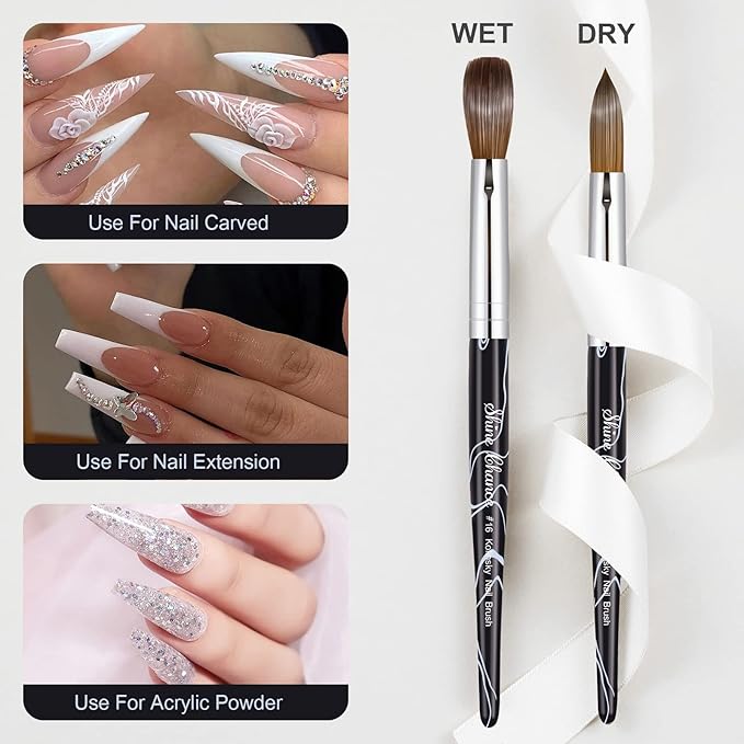 Acrylic Nail Art Brush Size 16, 100% Pure Kolinsky Hair Oval Nail Brush for Acrylic Application, Professional Nail Extension Manicure Tool Striping Nail Drawing Pen for DIY Home Salon