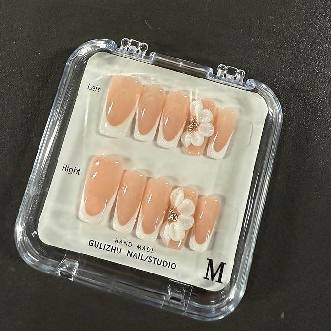 White French Tip Handmade Press on Nails Medium Square Fake Nails Muti-Layer Gel False Nails with 3D Flower Rhinestones Designs Thick Acrylic Nails Full Cover Stick on Nail for Women Nail DIY (Size M)