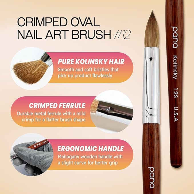 PANA Pure Kolinsky Hair Acrylic Nail Brush - Oval Crimped Mahogany Wood Handle (Size 12)