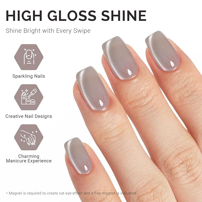 MelodySusie Glass Cat Eye Gel Nail Polish, Light Gray Glitter Holographic Magnetic Nail Polish with Magnet, 0.5 Fl Oz UV Nail Polish for Nail Art Manicure Salon DIY at Home B5080