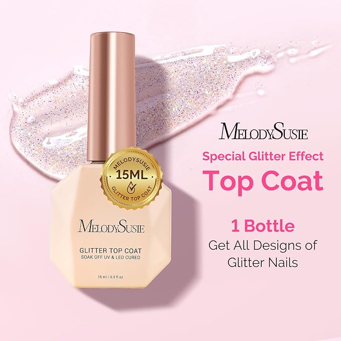 MelodySusie Glitter Gel Top Coat- No Wipe Reflective Iridescent Glitter Top Coat, High Gloss Shine Finish Long Lasting Top Gel Nail Decoration for Home DIY and Nail Salon Gift for Women 0.5fl oz