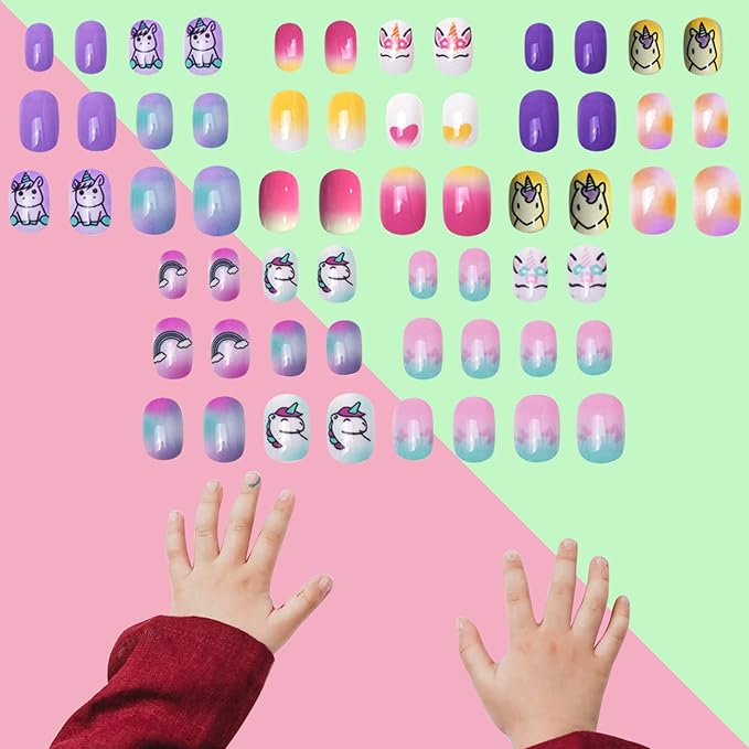 SIUSIO 120 Pcs 5 Pack Children Acrylic Fake Nails Press on Pre-glue Full Cover Glitter Gradient Color Rainbow Short False Nail Art Kits Set for Kids Little Girls - Unicorn Series
