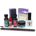 Mia Secret Acrylic Nail Kit: 1/2 oz liquid monomer, 1/2 oz clear acrylic powder, ultra quick nail glue, 1/2 oz ultra gloss top coat, fancy 20 nail tips, 1/2 oz primer, speedy zebra straight nail file 100/100, #8 nail brush and emery block