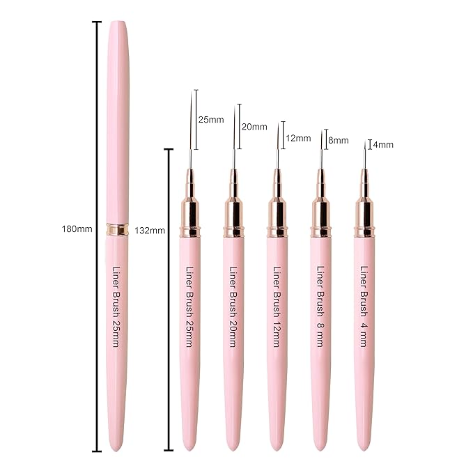 5Pcs Premium Nail Art Brushes Kit - Slim Detail/Dotting/Liner Tools for Acrylic, Gel & Designs (4/8/12/20/25mm) - Salon Quality Pink Set