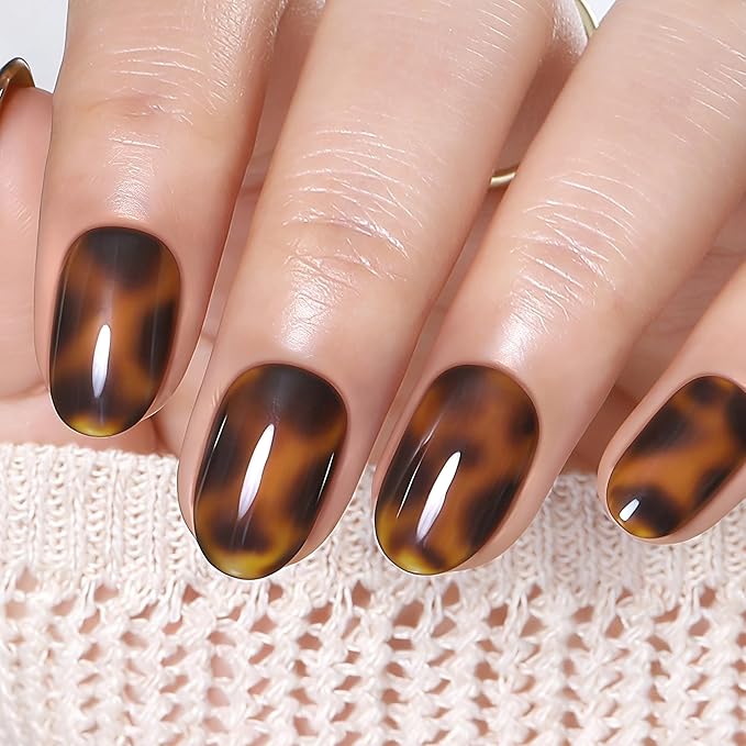 UNA GELLA 32Pcs Soft Gel Press on Nails - 16 Sizes Glossy Tortoise Shell Round Glue on Nails, Reusable Amber Pattern False Nails, Full Cover Acrylic Nail Kit for Women DIY Home Manicure