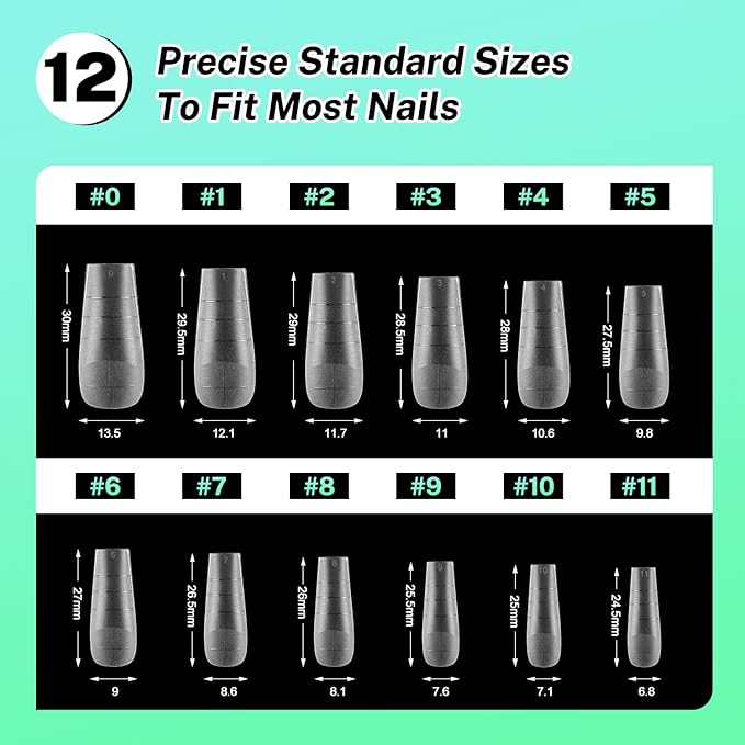 JODSONE Square Nail Tips Full Cover Gel Nails 12 Sizes 360Pcs No Curve Extra Long Straight Curved Fake Tapered for Salon Design DIY at Home