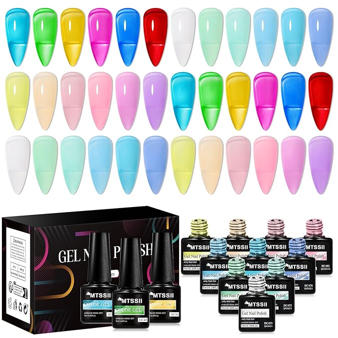 MTSSII 18pcs Jelly Gel Nail Polish Set Gel Polish 18PCS Jelly Nail Polish Kit Translucent Nude Pink Purple Blue Iridescent Colors UV LED Soak Off Home DIY Nail Art Salon Set