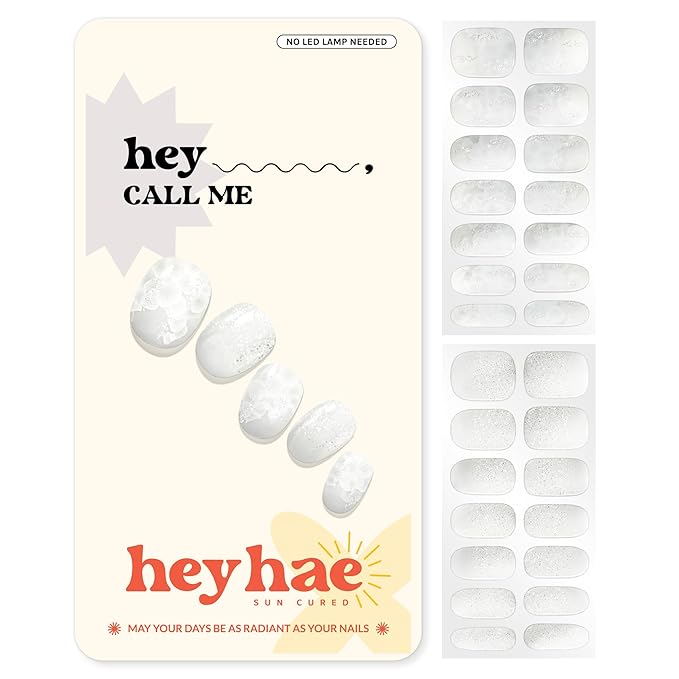 Heyhae Semi Cured Gel Nail Strips | No LED Lamp Needed | Glitter, White, Spring | Easy Apply & Remove, Salon Quality | Includes 28 Strips, 1 Prep Pads, Nail File & Wooden Stick - Hey, Call Me