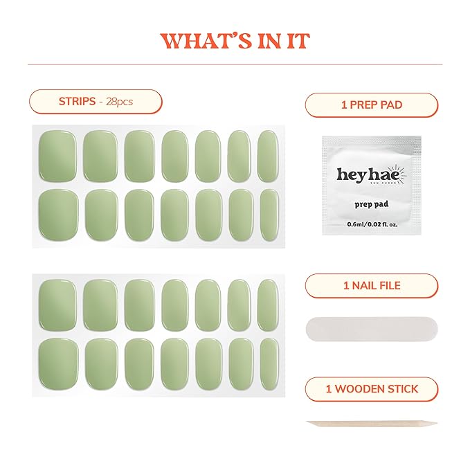 Heyhae Semi Cured Gel Nail Strips | No LED Lamp Needed | Solid, Green, Spring | Easy Apply & Remove, Salon Quality | Includes 28 Strips, 1 Prep Pads, Nail File & Wooden Stick - Hey, Matcha Girly