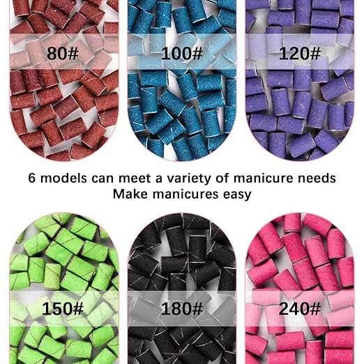 Sanding Bands for Nail Drill,300Pcs Nail Sanding Bands 80#100#120#150#180#240#Different Grit with 3/32Inch Mandrel Nail Drill Bits
