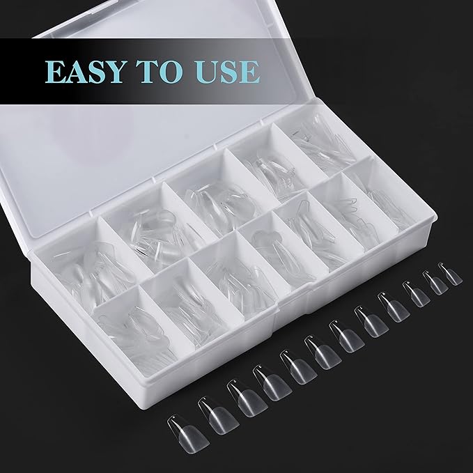 Gelike EC Soft Gel Nail Tips Kit for Soak Off Nail Extensions, Full Cover, Coffin Shaped, Pre-Buff PMMA Resin, Clear Ultra-Thin Design, 12 Sizes, 552 Pieces, Medium Coffin False Press on Nail