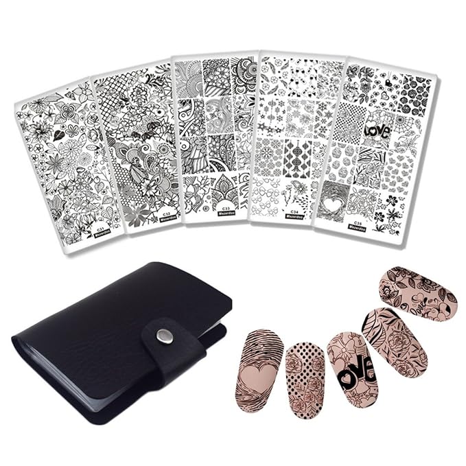 5pcs Lace Flower Beauty Love heart Nail Stamping Plates DIY Finger Nails Tempates Decoration + 1pcs Black Nail Plate Organizer Holder Case Storage