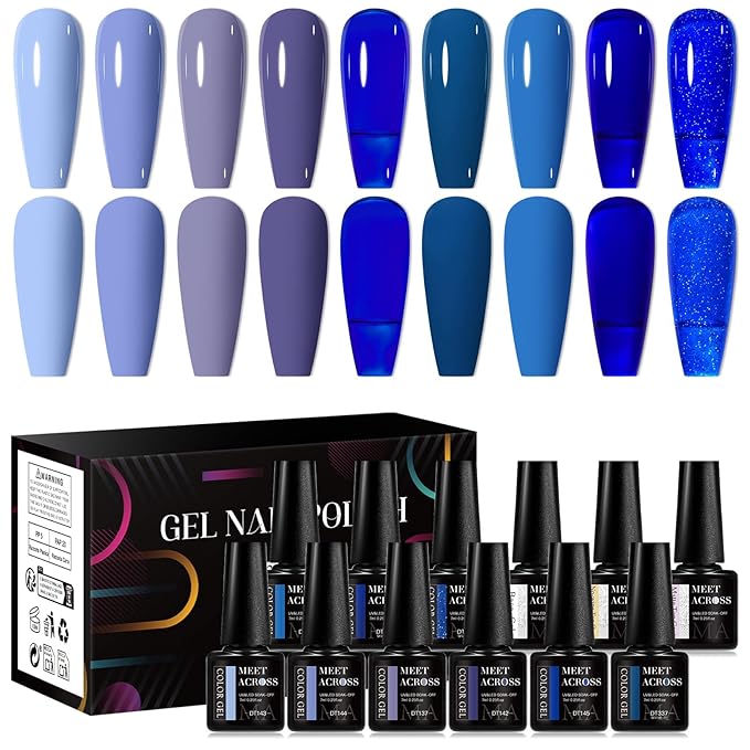 MEET ACROSS 9 Colors Gel Nail Polish + 3PCS Function Gel Nail Polish Kit,Fashion Nail Art Set Design Gifts for Women Manicure Salon (SET8, 12pcs)
