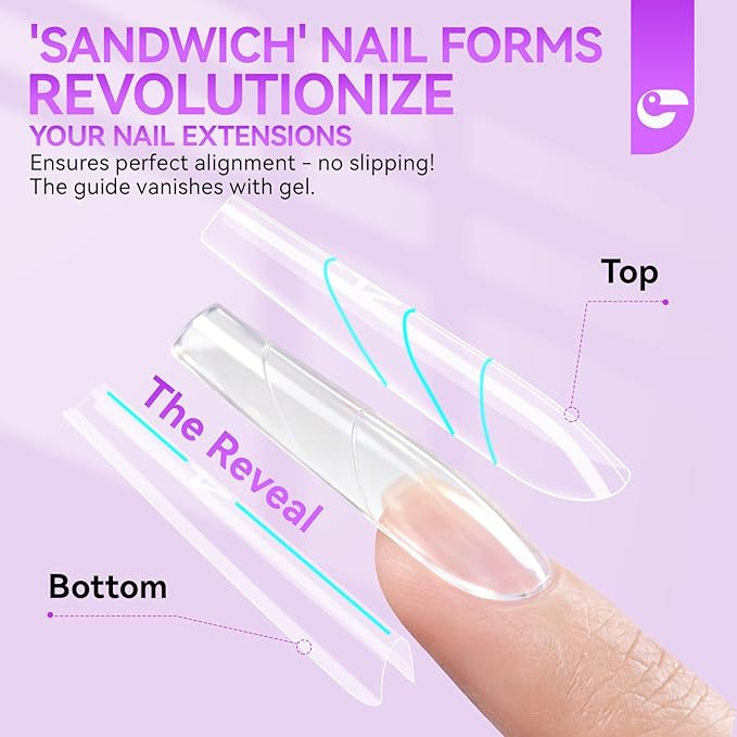 Gelike EC Sandwich Dual Nail Forms: Save 70% Times for Reusable Nail Extensions - Long Coffin Nails Mold for Building Gel/Polygel/Acrylic - 240Pcs 15 Sizes Trim To Fit Short/Medium/Long Styles