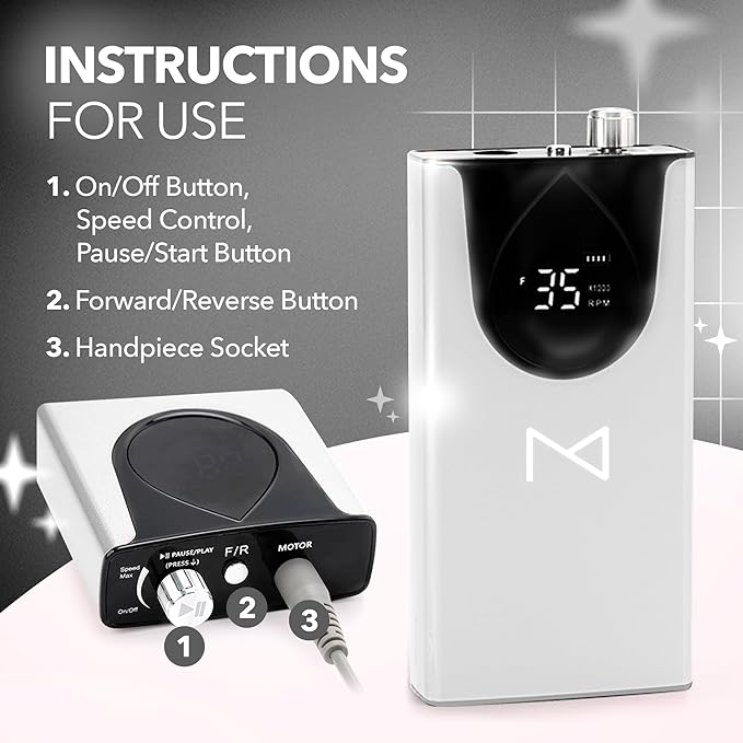 M Max - Nail Drill Professional - 2-in-1 Brushless Motor Nails Drill Machine - Electric, Cordless, Aluminium Alloy Casing, 35000 RPM, HD Display - Perfect for Salon & Home Use (White)