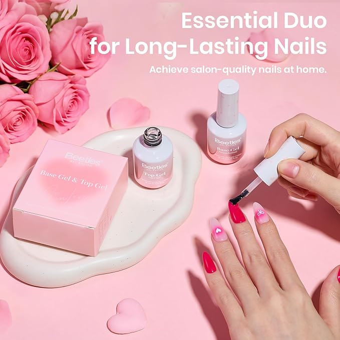 Beetles Gel Base and Top Coat Set Valentines Limited, 2Pcs 15ml No Wipe Top Coat Gel Nail Polish & Strong Adhesion Base Coat Long Lasting UV Lamp Needed Nail Art Design Manicure Gifts for Women