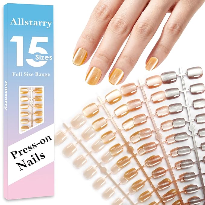 Allstarry Cat Eye Press on Nails, 15 Full Sizes Range Brown Cat Eye Nails Press Ons 4 Colors Cateye Presson Nail for Women 120pcs Glossy Short Square Fake Nail Tips Stick DIY Salon