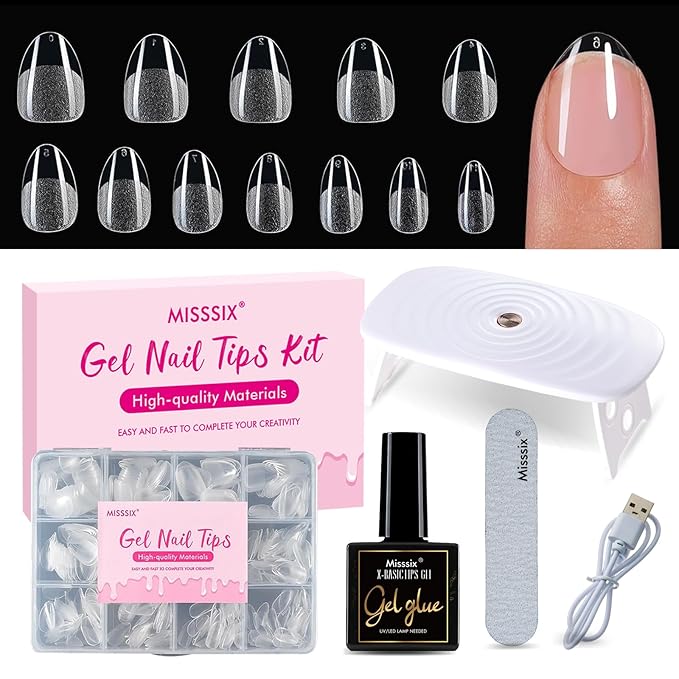 Misssix Extra Short Almond Gel Nail Tips Kit, 360Pcs Pre Etched Clear gel x Fake Nails, Full Cover False Nail 9-in-1 Gel Glue and Portable Mini U V Nail Lamp for Women 12 Sizes