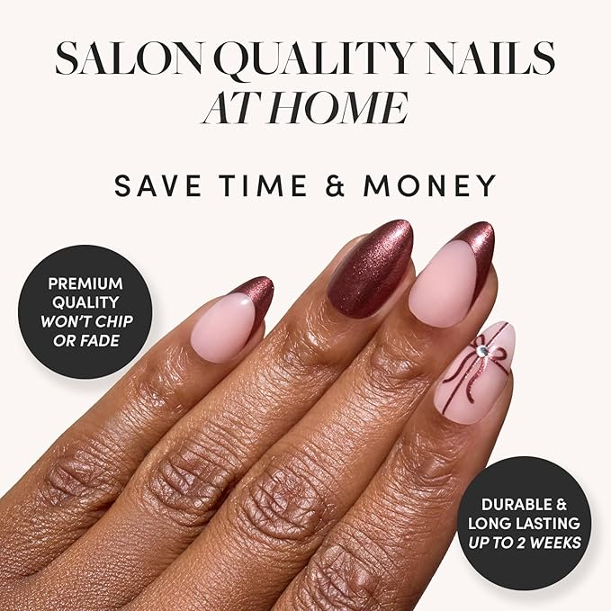 Valentines Day Glamnetic Press On Nails - She's A Gift | Short Almond Fake Nails in Burgundy Chrome with French Tips and Ribbon Designs with 3D Gems, Salon Quality | 15 Sizes - 30 Nail Kit with Glue