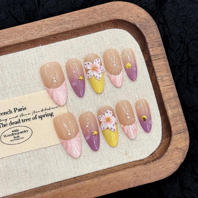 3D handmade Gel nails press on false nails Almond hand-painted gentle elegant pink purple yellow flower pearl acrylic Reusable fake nails designed kit,10 Nails, Size S #2896