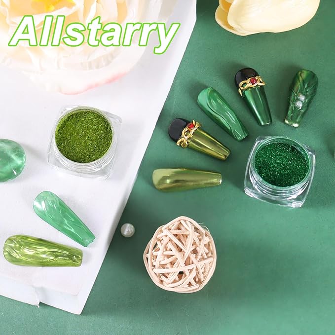 Allstarry Green Chrome Nail Powder, 2 Colors Metallic Effect Mirror Chrome Powder Pigment Manicure Glitter Kit for Gel Polish St Patricks Day Nail Art St Patty's Day Accessories - Wheat Field Green