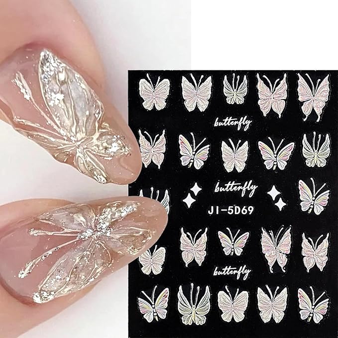 Nail Stickers, 5 Sheets Self-Adhesive Shiny Butterfly Nail Stickers for Nail Art, Diverse Floral Butterfly for Creative DIY Manicures