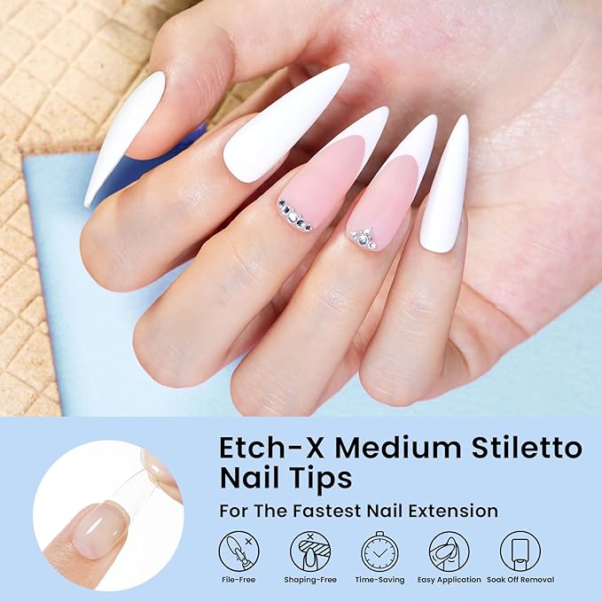 Beetles Gel Nail Tips Stiletto Medium, 288Pcs 12 Sizes Pre-Etched Half Matte Full Cover Soft Acrylic False Nail Tips Pre-Shaped Easy DIY Etch-X Nail Extension Salon Gift for Women