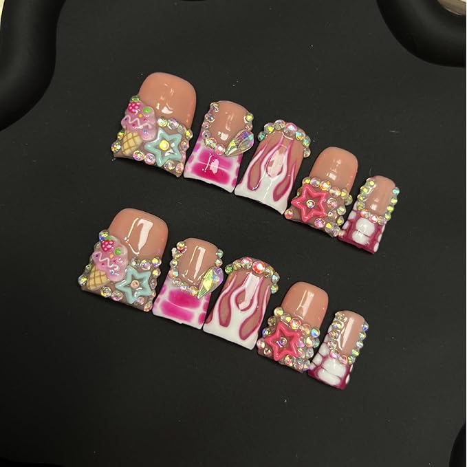 10pcs Handmade Press on Nails for Women - Medium Duck Curve 3D Thick Acrylic Fake Nails Reusable,Designer Floral Butterfly Rhinestones Bling Boho Funky Y2k Nail-art Set,XS,pink lips
