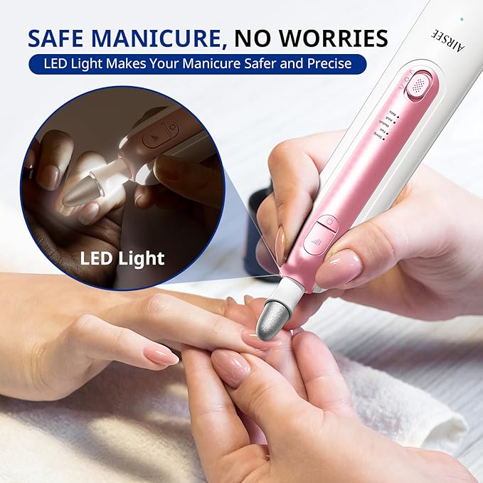 AIRSEE Professional Manicure Pedicure Kit,Cordless 6 in 1 Electric Nail File for feet,5 Speed Rechargeable Pedicure Tools for Thick Nail Toenail Cuticle, Hand Feet Trimmer Buffer for Women Men,Pink