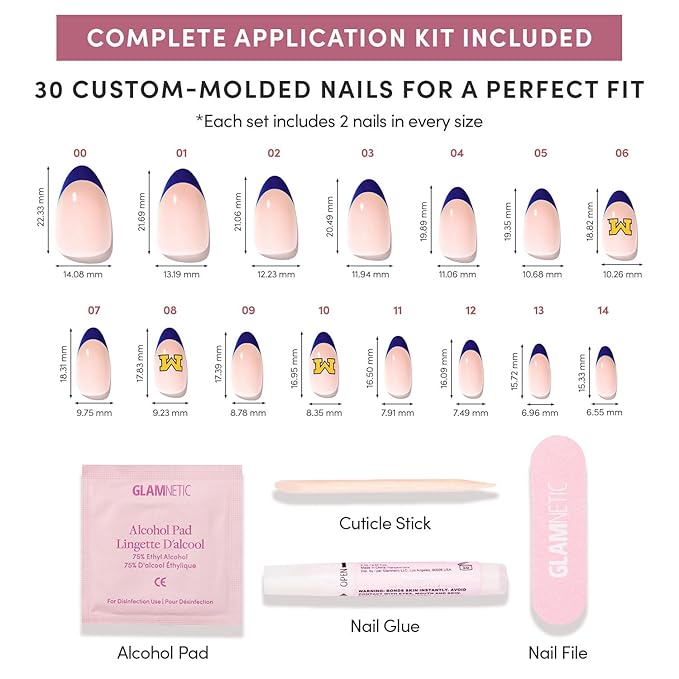 Glamnetic x Fanatics Press On Nails - Michigan Wolverines | Short Almond Fake Nails, Collegiate Wolverines Blue French Tips, College Nails, Salon-Quality | 15 Sizes - 30 Nail Kit with Glue