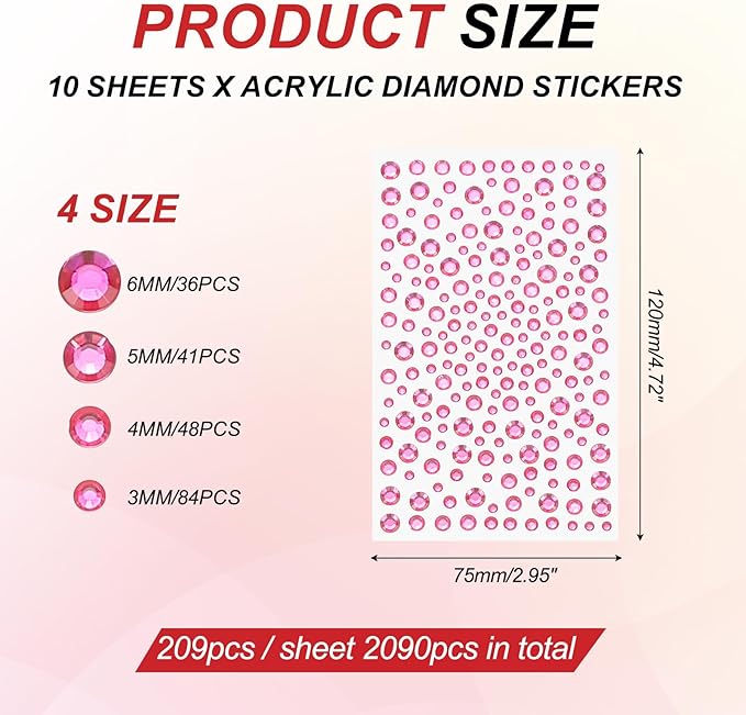 PATIKIL 2090 Pcs Acrylic Gem Sticker, 4 Size 3/4/5/6mm Self Adhesive Rhinestones Face Gem Stones Bling Jewelry for Nail Art Craft Clothes DIY Makeup Decoration Party, Pink Red