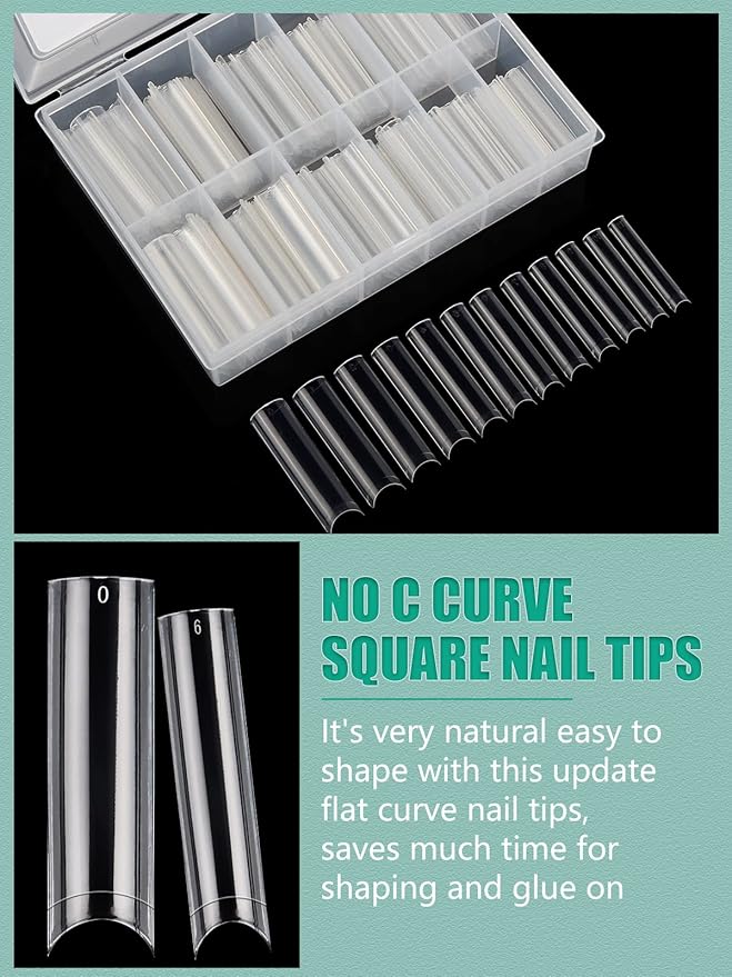 480PCS Extra Long NO C Curve Nail Tips XL, 2 Packs Natural and Clear Nail Tips for Acrylic Nails Professional Set, 12 Sizes Straight Tapered Square Press on False Nail Tips for Nail Art Salon Home DIY
