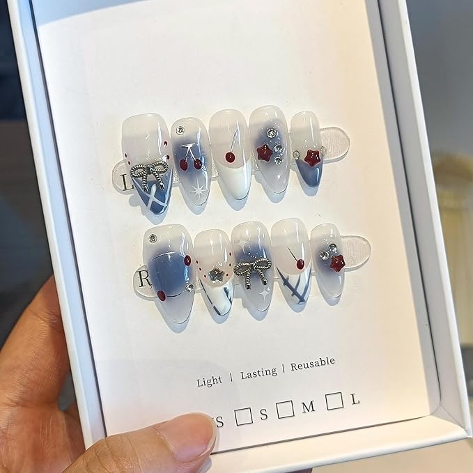 Light Blue White French Press on Nails Medium Almond with 3D Charms Bow Rhinestone Cherry,10Pcs Sweet Girls Summer with Full KitM)