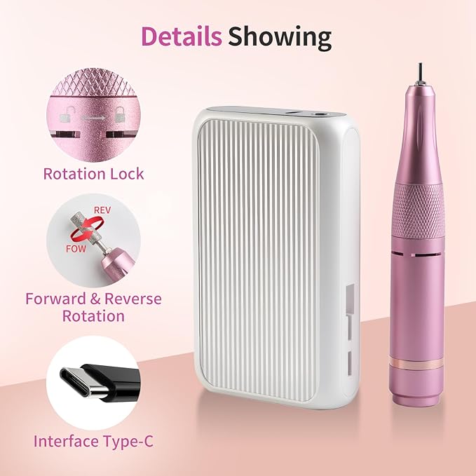 Vinid Professional Electric Nail Drill - 38,000RPM Rechargeable Manicure Kit for Filing, Cuticle Care, Buffing & Polish Removal with Adjustable Speed, Quiet Motor & Portable Design, White and Purple